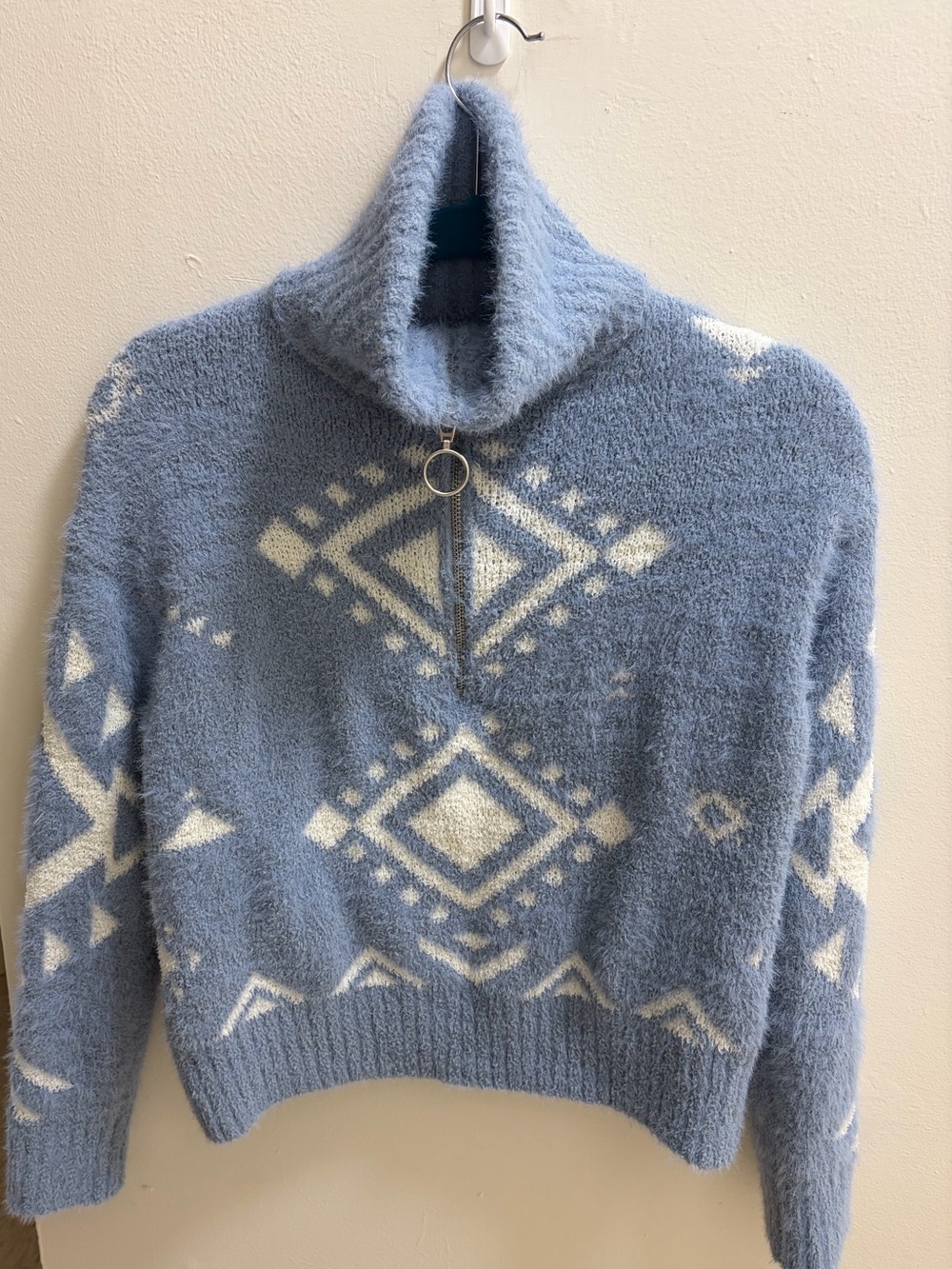Jessica Simpson Sky Blue & White Geo Aztec Cowl Neck Sweater with Ring Zip